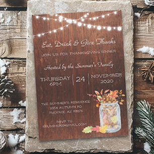 Invitación Luces de frasco de Mason de Acción de Gracias rúst