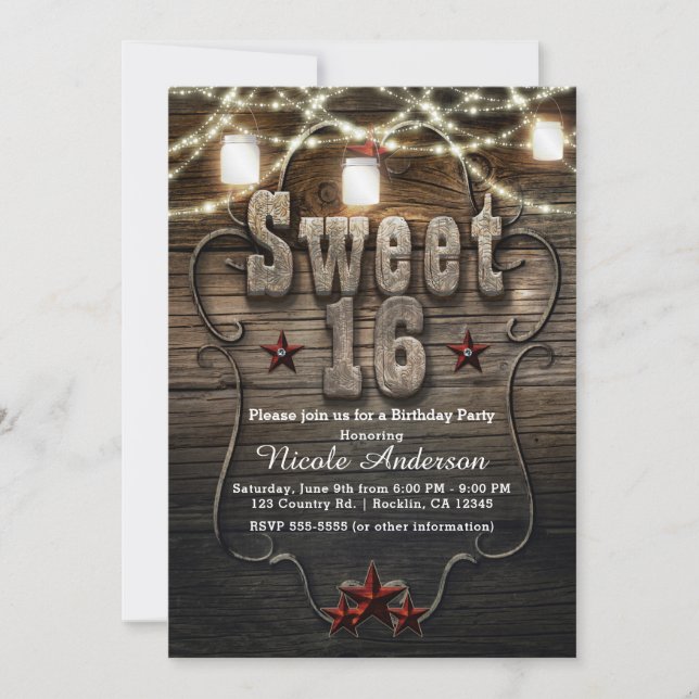 Invitación Luces de frascos de Mason rústicos para cumpleaños (Anverso)