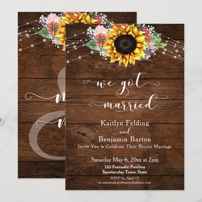 Invitación Luces de girasol de madera marrón rusa nos casamos (Anverso / Reverso)