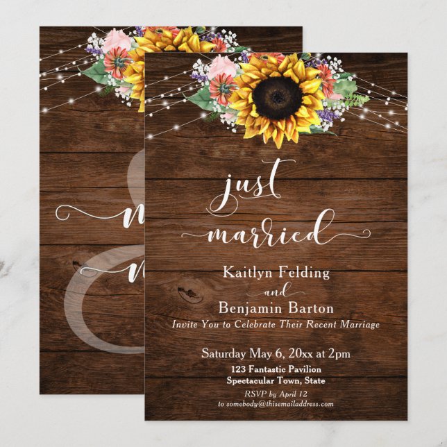 Invitación Luces de girasol de madera marrón rustica recién c (Anverso / Reverso)