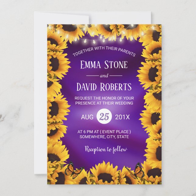 Invitación Luces de girasol y cuerdas elegantemente Boda púrp (Anverso)