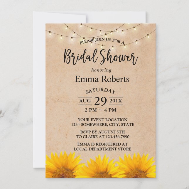 Invitación Luces de girasol y cuerdas Kraft Bridal Shower (Anverso)
