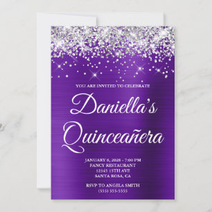 Invitación Luces de Glitter Índigo Púrpura Hoja Quinceañera