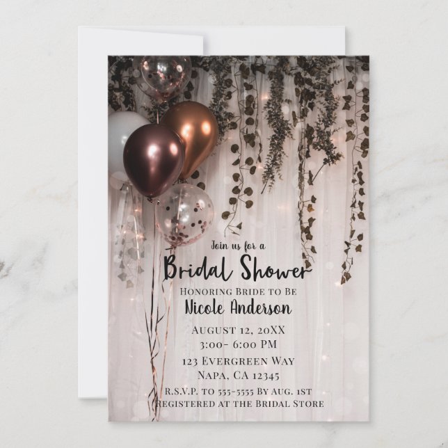 Invitación Luces de globos rosados de oro y ducha marfileña (Anverso)