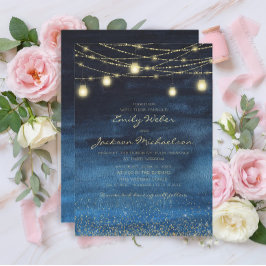 Invitación Luces de Hada de Brillo Dorado Azul Boda 
