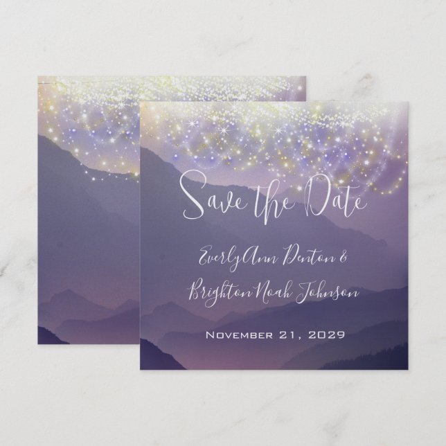 Invitación Luces de hadas Boda violeta púrpura salva la fecha (Anverso / Reverso)