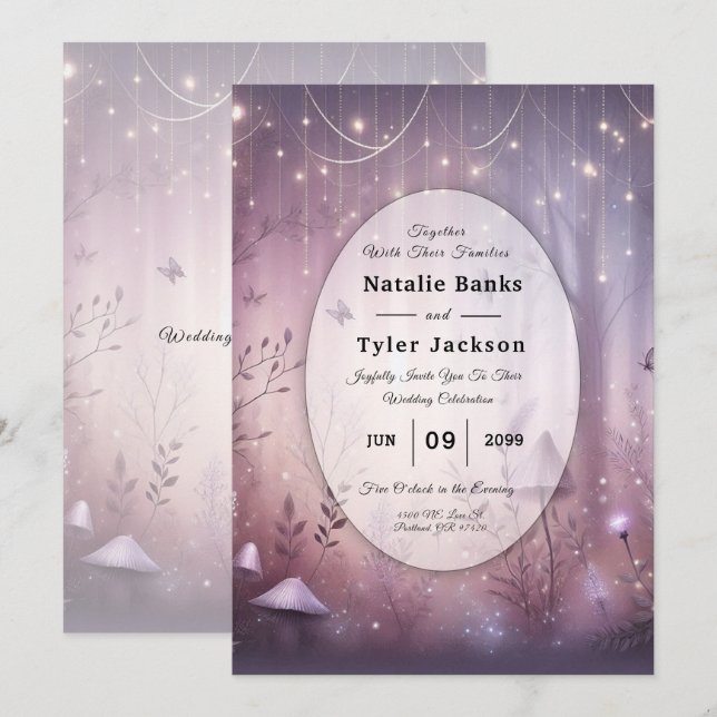 Invitación Luces de Hadas de Lavanda Mágicas para Bodas (Anverso / Reverso)