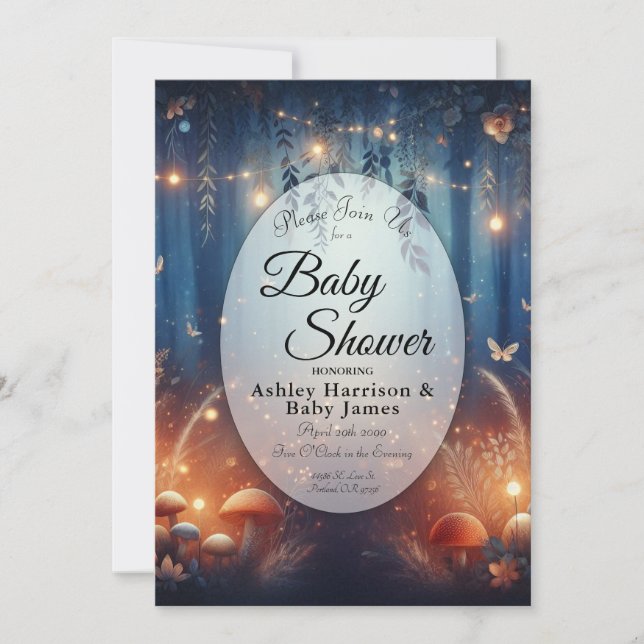 Invitación Luces de Hadas en una Ducha de Bebé en un Bosque a (Anverso)