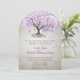 Invitación Luces de hadas Mason Jar Lavender Leaf Tree Boda
