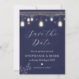 Invitación Luces de hadas para salvar la fecha, boda de azul 