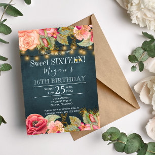 Invitación Luces de hadas rosadas melocotón dorado y azul mar