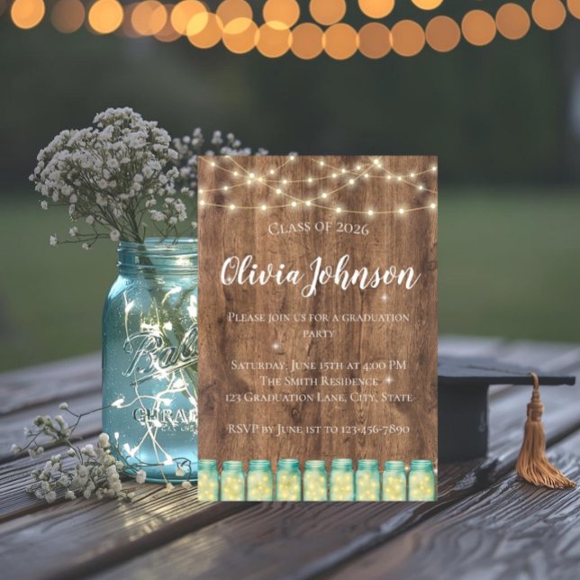 Invitación Luces de Hadas Rústicas de Campo en Tarro de Mason (Country rustic graduation invite with string lights and glowing fairy lights in blue mason jars.)