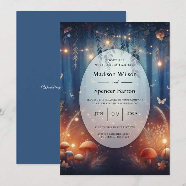 Invitación Luces de hadas y Boda Mágico Forestal de la Luna (Anverso / Reverso)