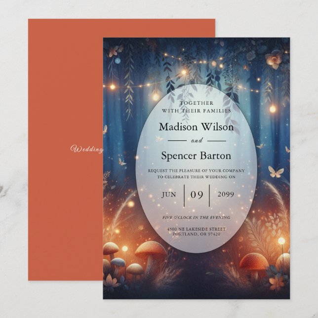 Invitación Luces de hadas y Boda Mágico Forestal de la Luna (Anverso / Reverso)