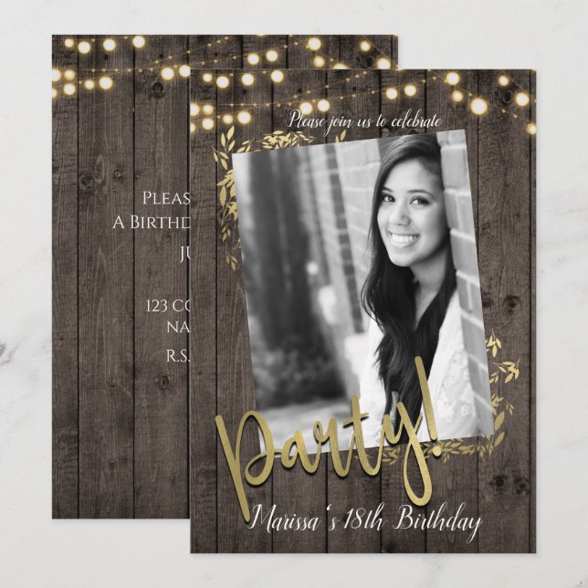 Invitación Luces de Hojas Doradas Fiesta de Cumpleaños Madera (Anverso / Reverso)