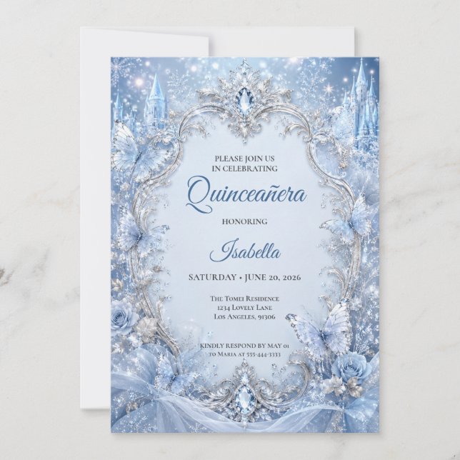 Invitación Luces de invierno Azul Princesa Plata Quinceañera (Anverso)
