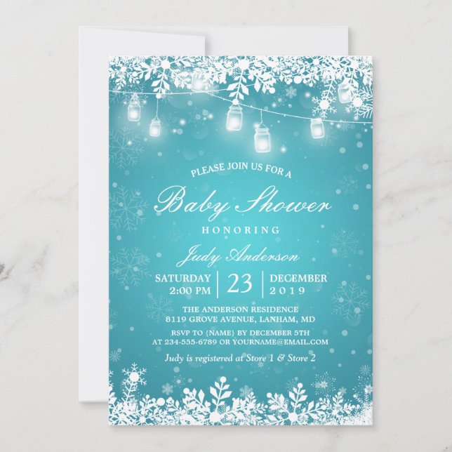 Invitación Luces de invierno de Baby Shower Turquoise Mason J (Anverso)