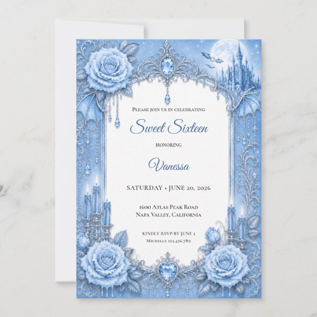 Invitación Luces de invierno Princesa Azul Dulces 16 (Anverso)