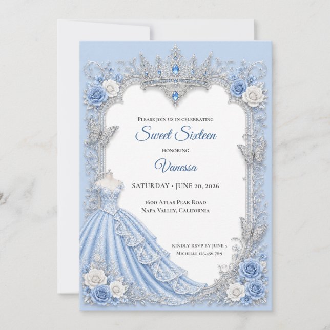 Invitación Luces de invierno Princesa Azul Dulces 16 (Anverso)