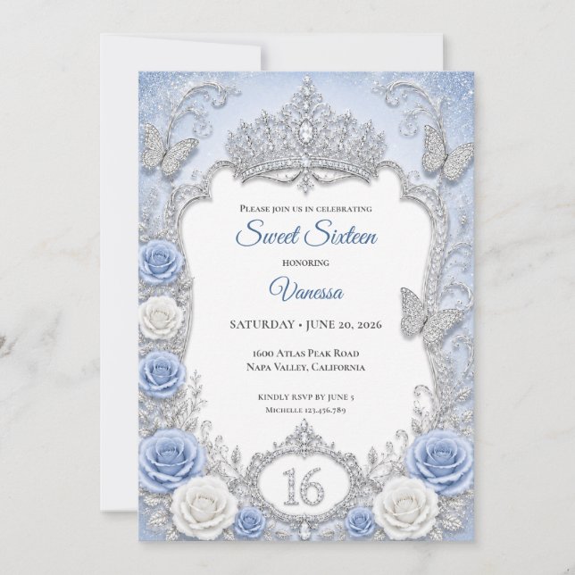 Invitación Luces de invierno Princesa Azul Dulces 16 (Anverso)