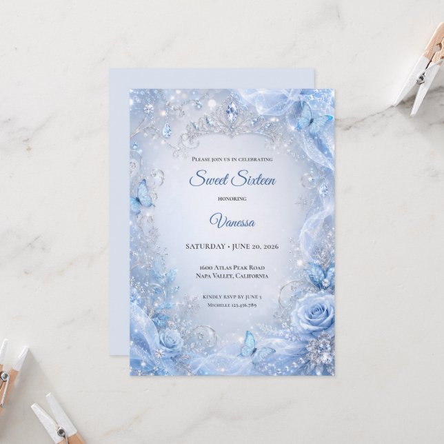 Invitación Luces de invierno Princesa Azul Dulces 16 (Anverso/Reverso In Situ)