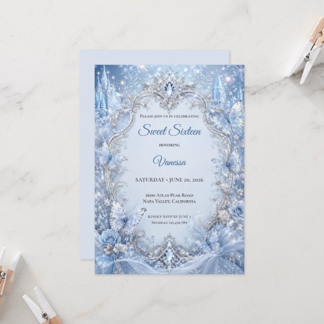 Invitación Luces de invierno Princesa Azul Dulces 16 (Anverso/Reverso In Situ)