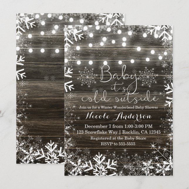 Invitación Luces de Invierno y Copos de Nieve Baby Shower Rús (Anverso / Reverso)