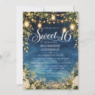 Invitación Luces de jardín azul marino Floral Sweet 16
