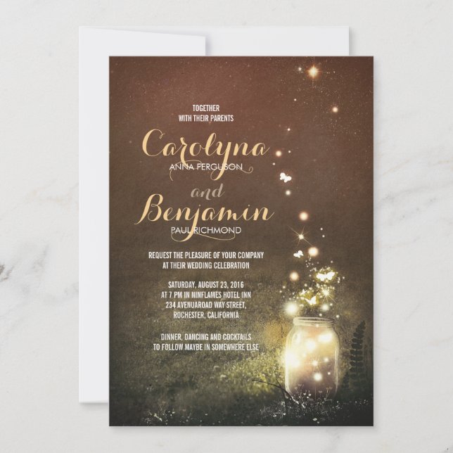 Invitación Luces de jardín rusticas - Boda de las luciérnagas (Anverso)