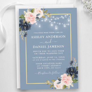 Invitación Luces de Jarra Floral Polvo Azul Rosa Rubor Boda
