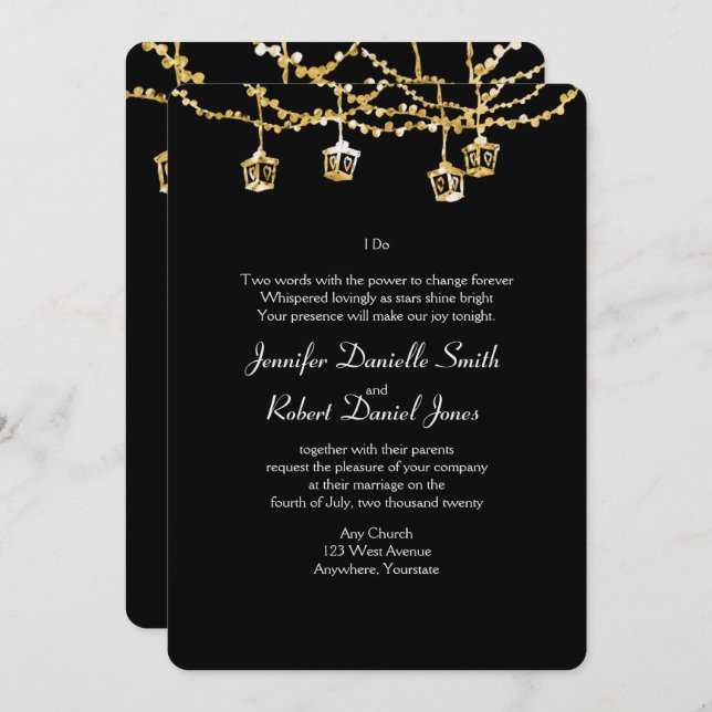 Invitación Luces de linterna de oro en Boda negro (Anverso / Reverso)