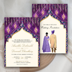 Invitación Luces de linterna dorada Boda de pareja india mora
