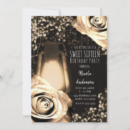 Invitación Luces de Linterna Resplandor Rústico Rosas Doradas