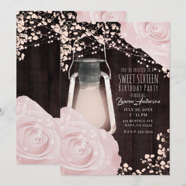 Invitación Luces de Linterna Resplandor Rústico Rosas Rosadas (Anverso / Reverso)
