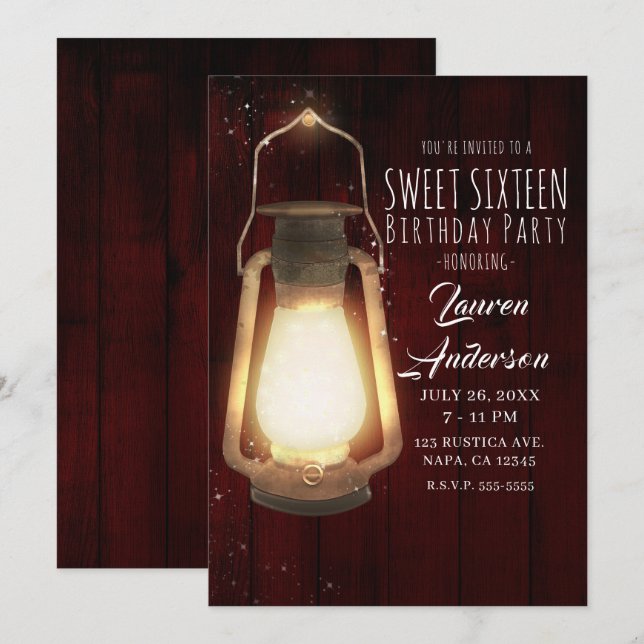 Invitación Luces de Linterna Rústica de Madera de Cerezo para (Anverso / Reverso)