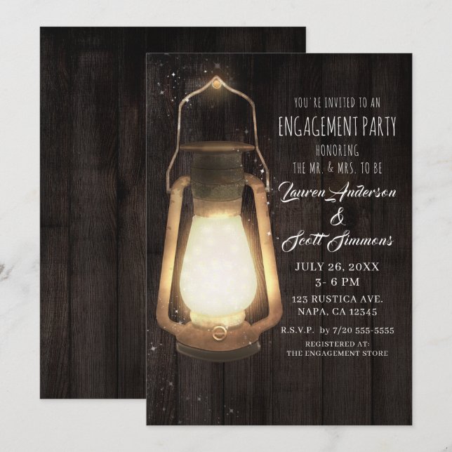 Invitación Luces de Linterna Rústica Fiesta de Compromiso de  (Anverso / Reverso)