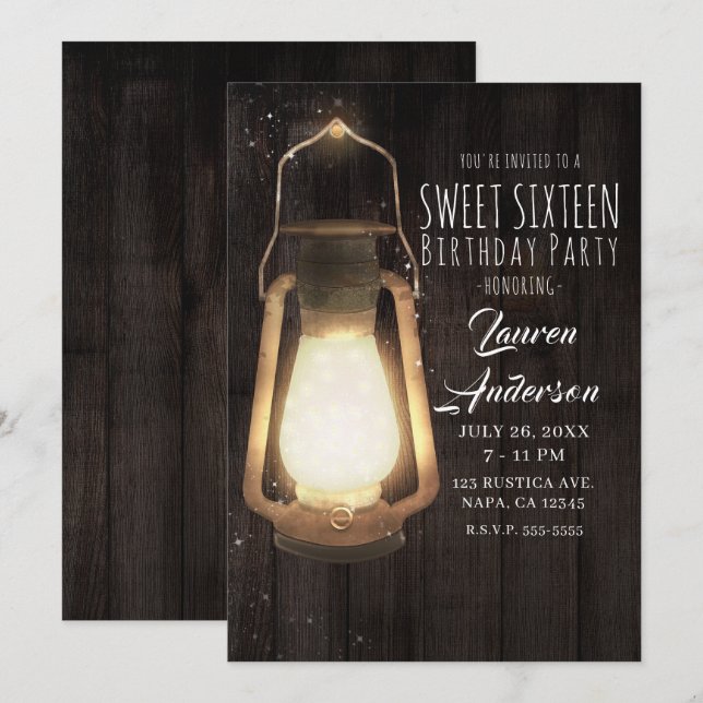 Invitación Luces de Linterna Rústica Madera de Granero Fiesta (Anverso / Reverso)