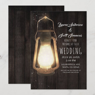 Invitación Luces de Linterna Rústica Madera Marrón de Granero