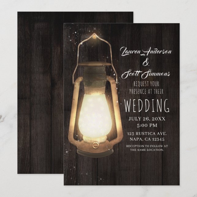 Invitación Luces de linterna rústica marrón madera granero bo (Anverso / Reverso)