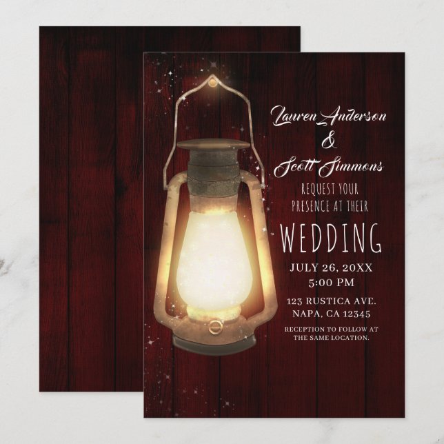 Invitación Luces de Linterna Rústicas Boda de Granero de Made (Anverso / Reverso)