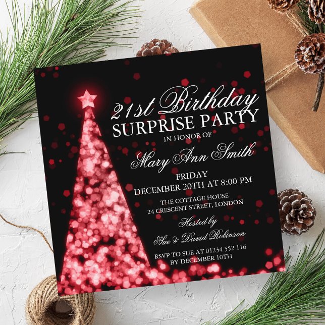 Invitación Luces de los Navidades de cumpleaños 21 de Red Sur (Red Surprise 21st Birthday Christmas Lights Invitation)