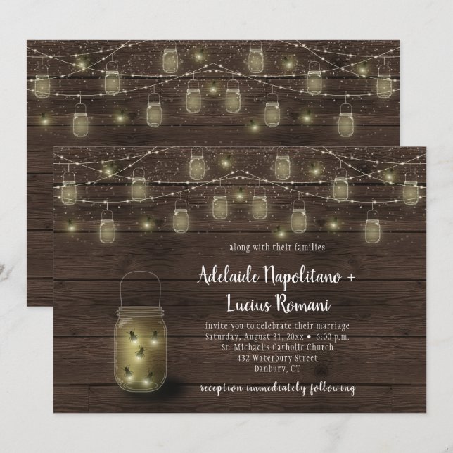 Invitación Luces de luciérnagas en frascos Mason con luces de (Anverso / Reverso)