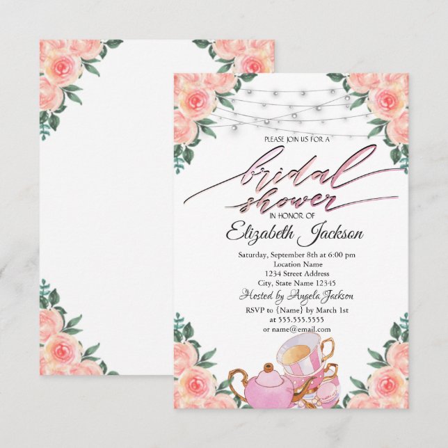Invitación Luces de Macarons de Tetera Rosas Bridal Shower (Anverso / Reverso)
