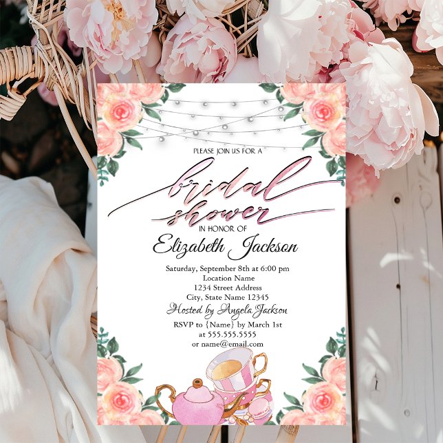 Invitación Luces de Macarons de Tetera Rosas Bridal Shower (Subido por el creador)