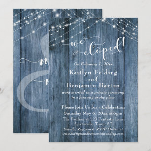 Invitación Luces de madera azul, tipografía de fuga