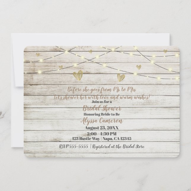 Invitación Luces de Madera Blanca Rústica y Corazones para De (Anverso)