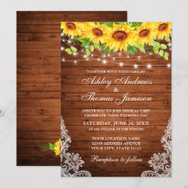Invitación Luces de madera de encaje floral de girasol rústic