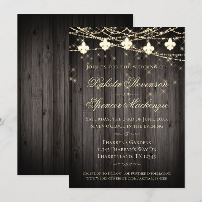 Invitación Luces de madera de Fleur de Lis | Boda ruso (Anverso / Reverso)