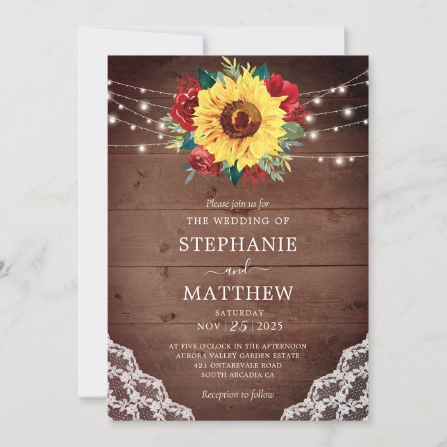 Invitación Luces de madera de flor rojo de encaje de girasol  (Anverso)