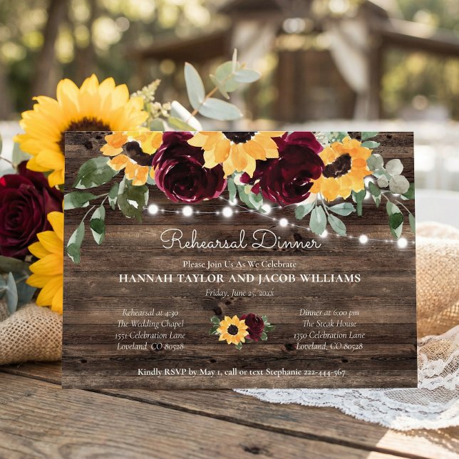 Invitación Luces de madera de girasol rústico para cena de en (Subido por el creador)